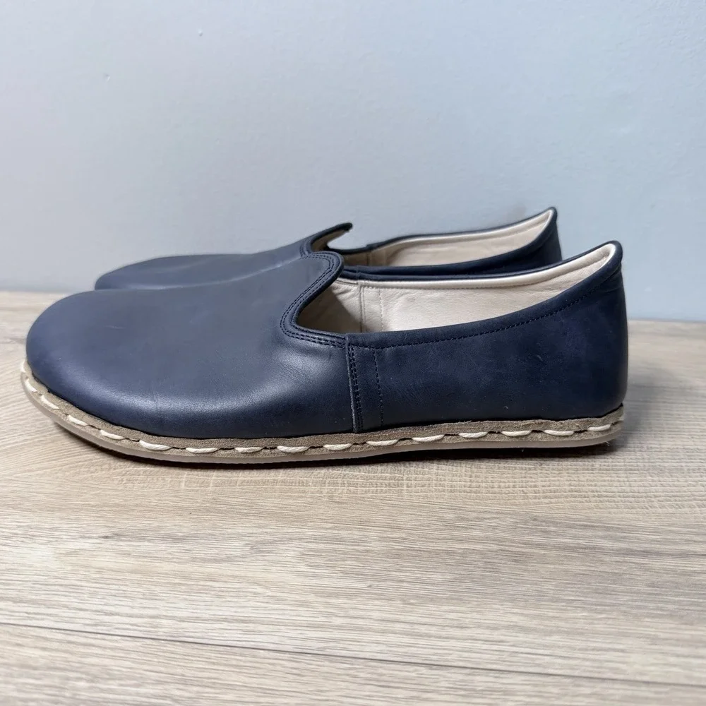Atlantis Handmade Leather Slip‎ On Shoes Blue Mens 7.5 Blue Whipstitch Barefoot